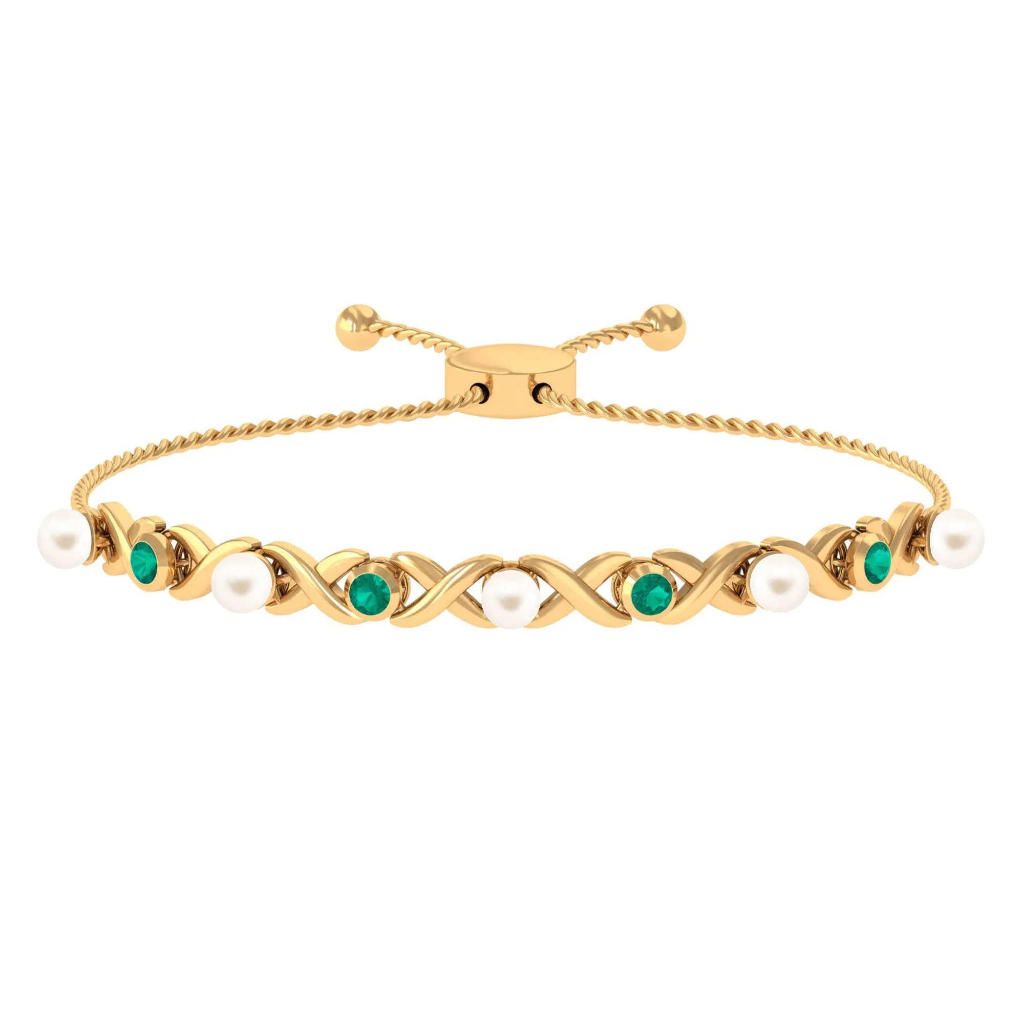 Cultured White Pearl Infinity Bolo Bracelet with Emerald
