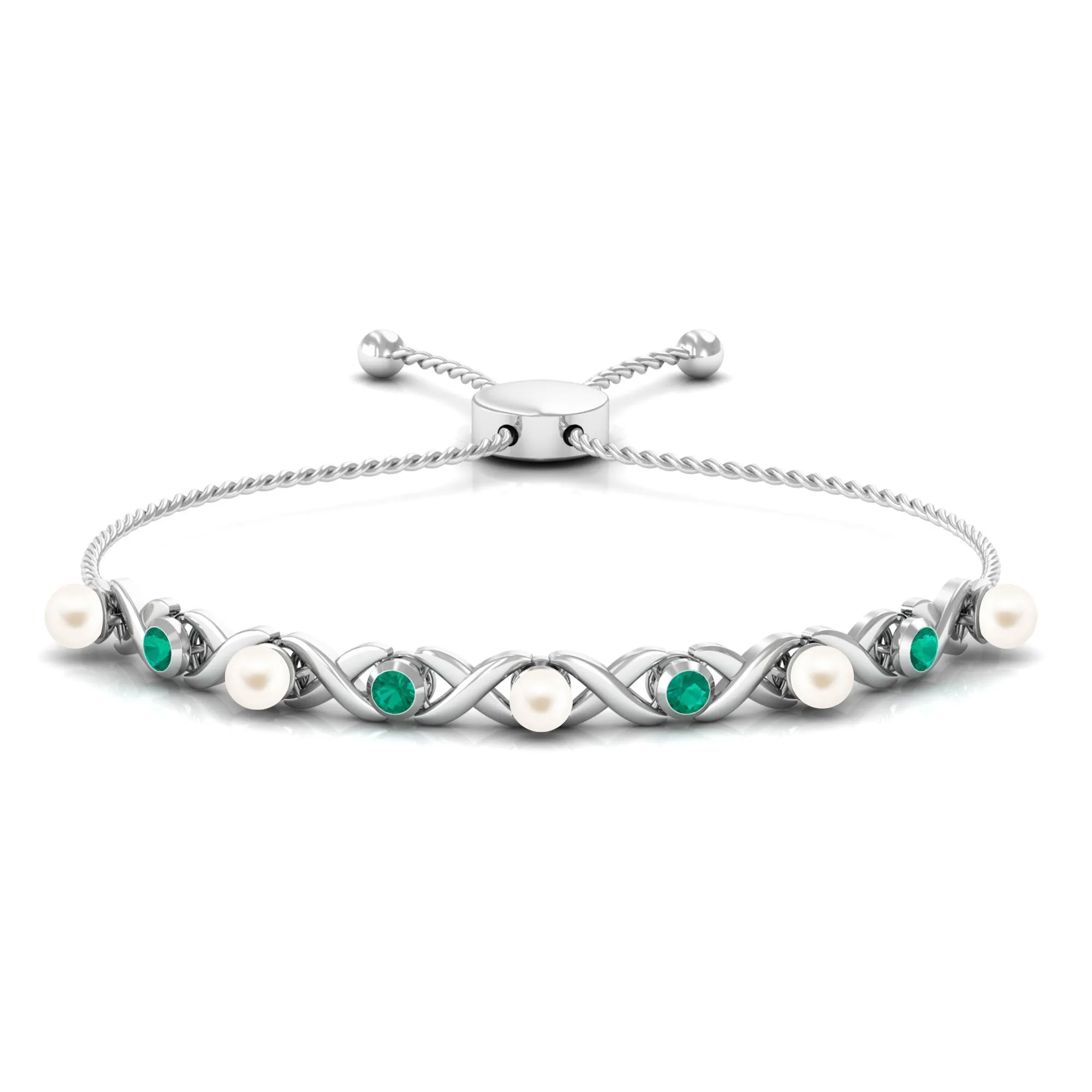 Cultured White Pearl Infinity Bolo Bracelet with Emerald