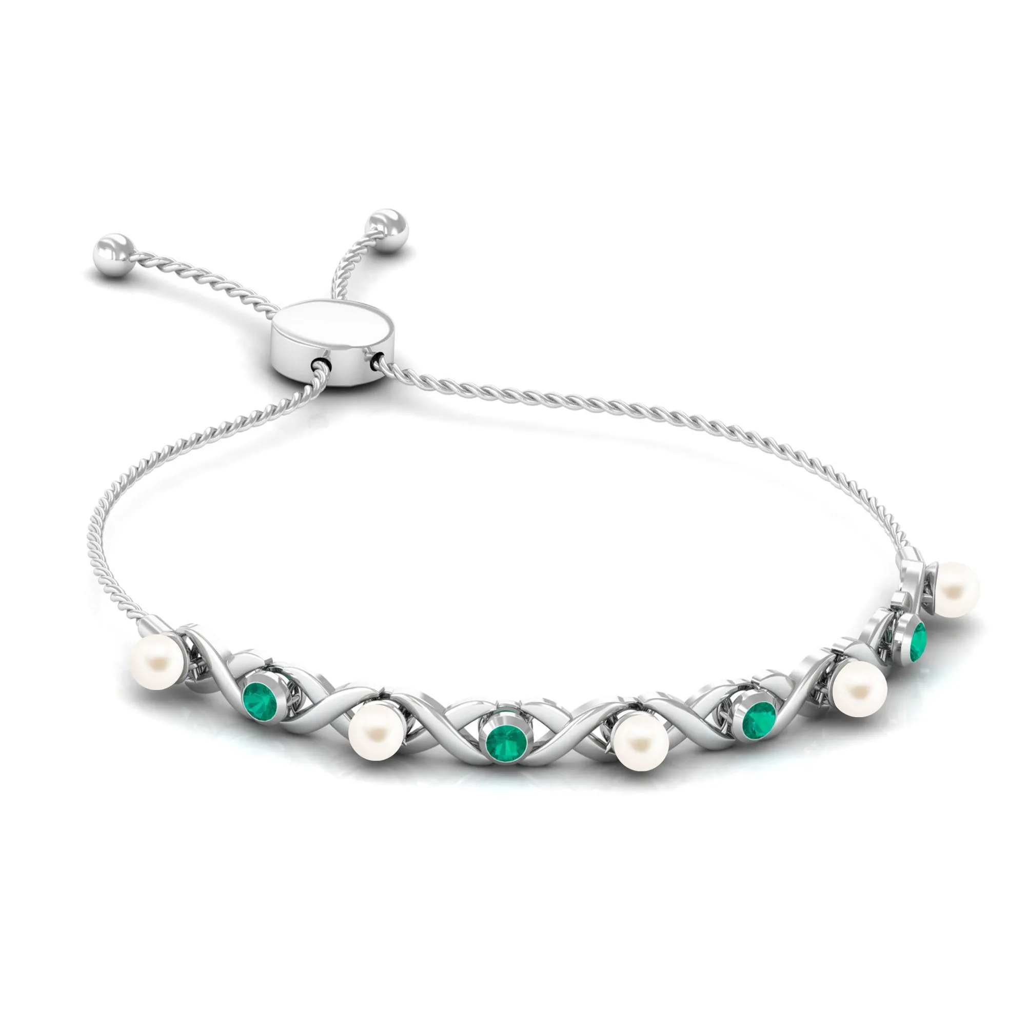 Cultured White Pearl Infinity Bolo Bracelet with Emerald