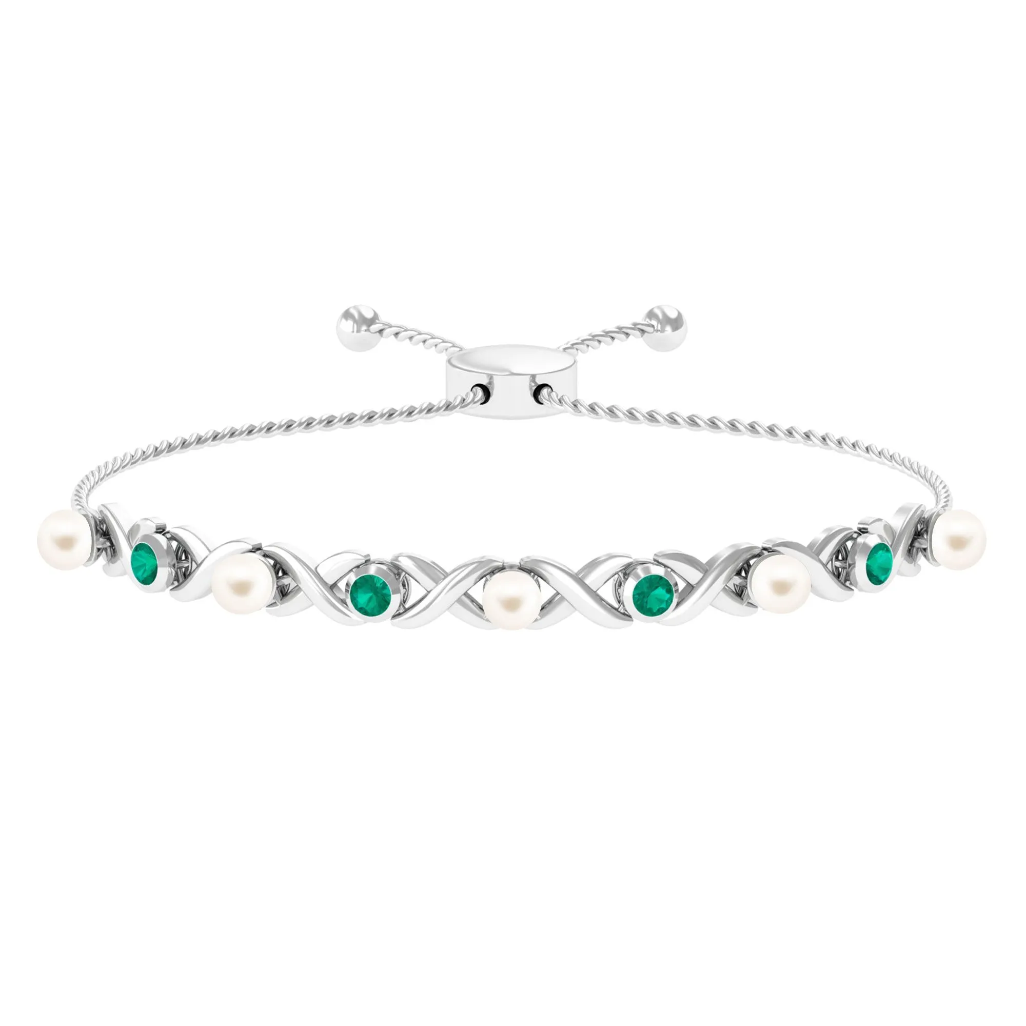 Cultured White Pearl Infinity Bolo Bracelet with Emerald