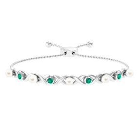Cultured White Pearl Infinity Bolo Bracelet with Emerald