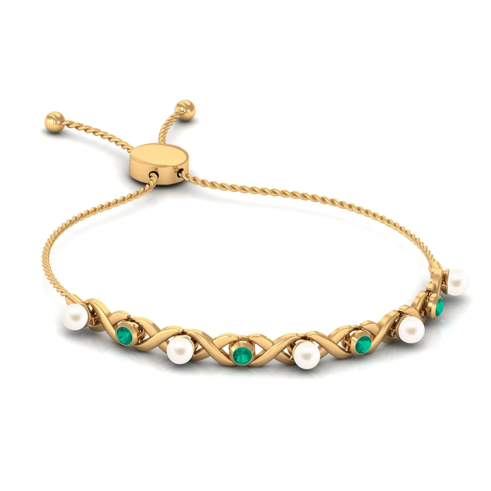 Cultured White Pearl Infinity Bolo Bracelet with Emerald