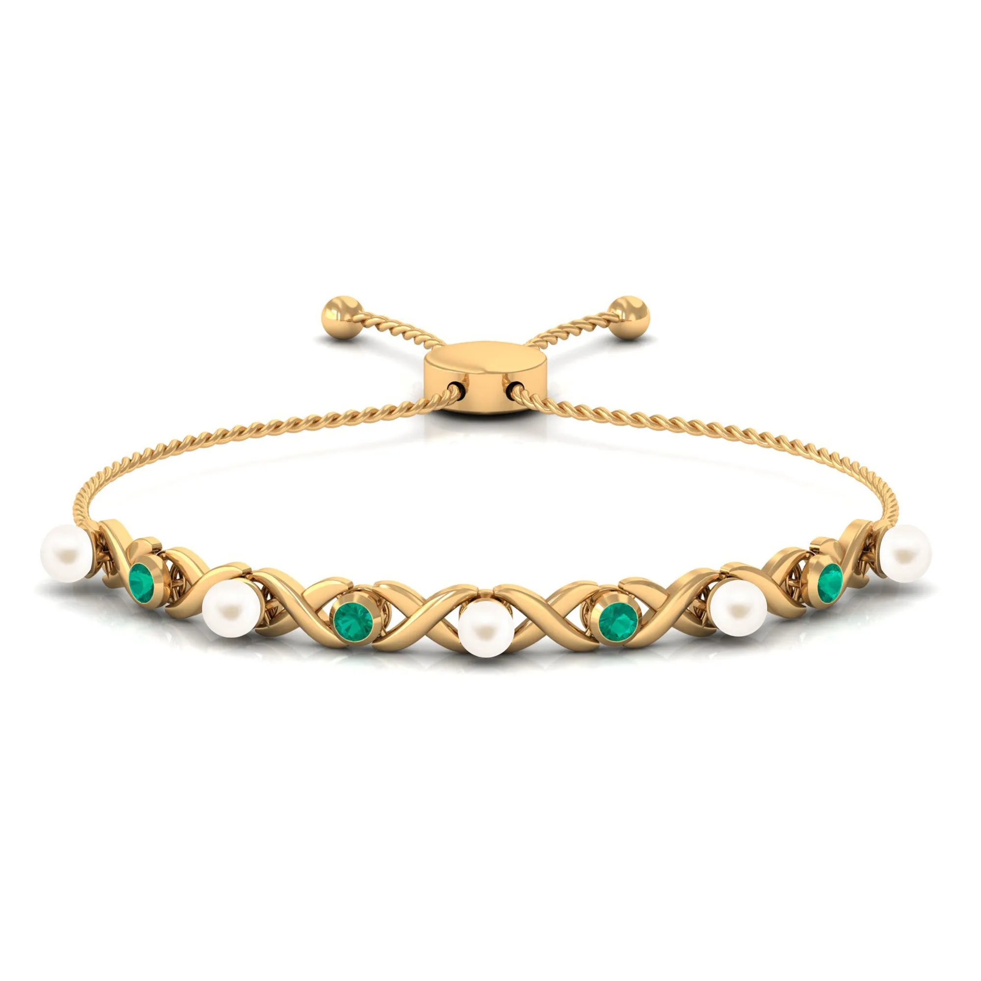 Cultured White Pearl Infinity Bolo Bracelet with Emerald