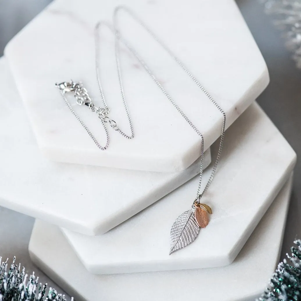 Dainty Mixed Leaves Charm Necklace ~ Mixed Metals Leaf Necklace