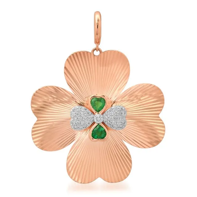 Jumbo Emerald & Diamond Fluted Clover Charm Pendant