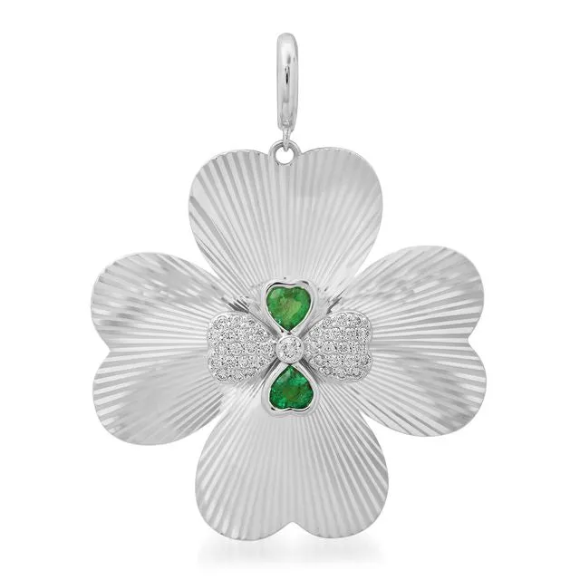 Jumbo Emerald & Diamond Fluted Clover Charm Pendant
