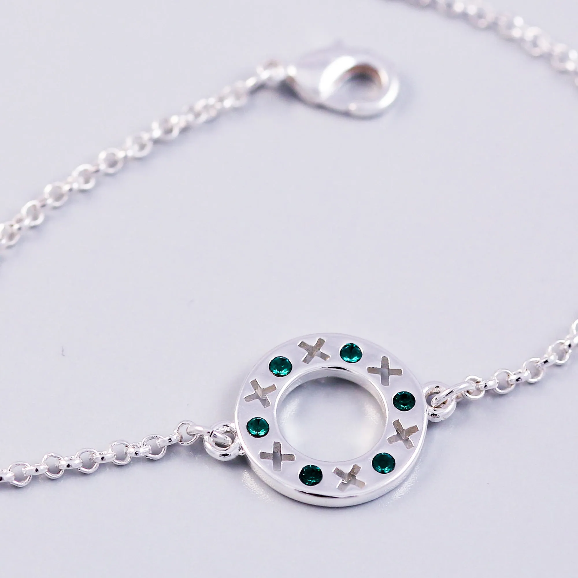 Silver Emerald May Birthstone XOXO Circle Bracelet