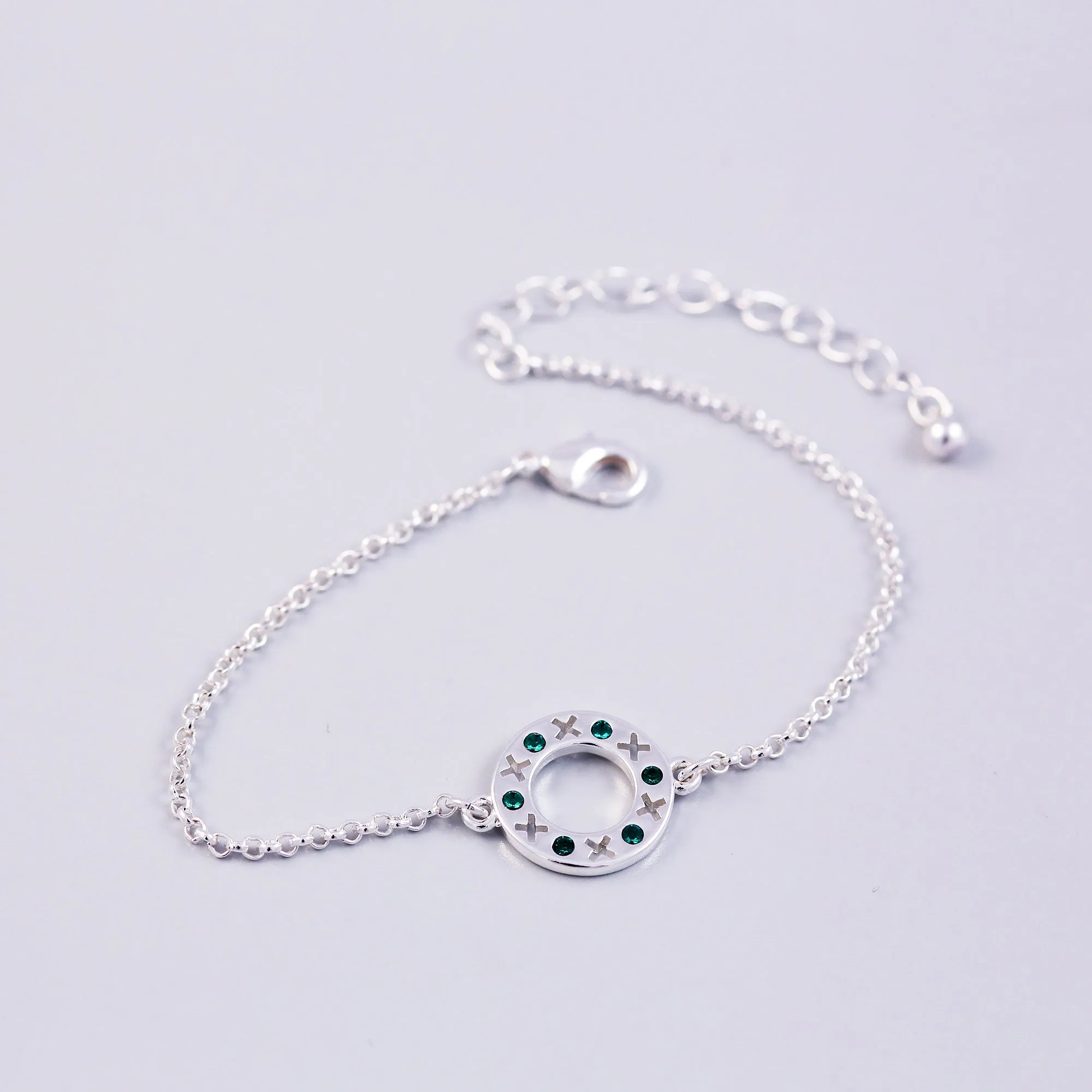 Silver Emerald May Birthstone XOXO Circle Bracelet