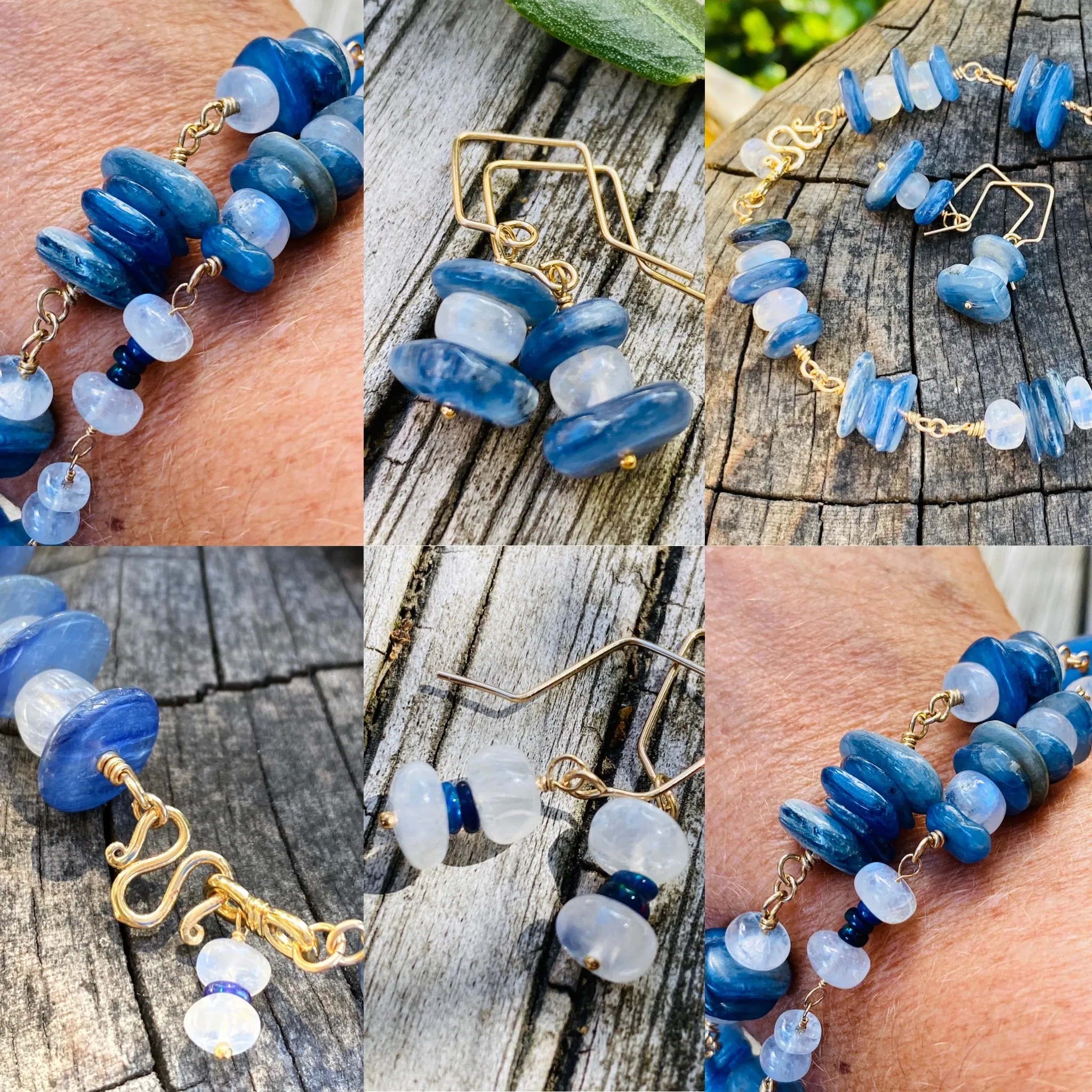 Sister Rainbow Moonstone, Black Welo Opal & Kyanite Wire-Wrapped Stacking Bracelet