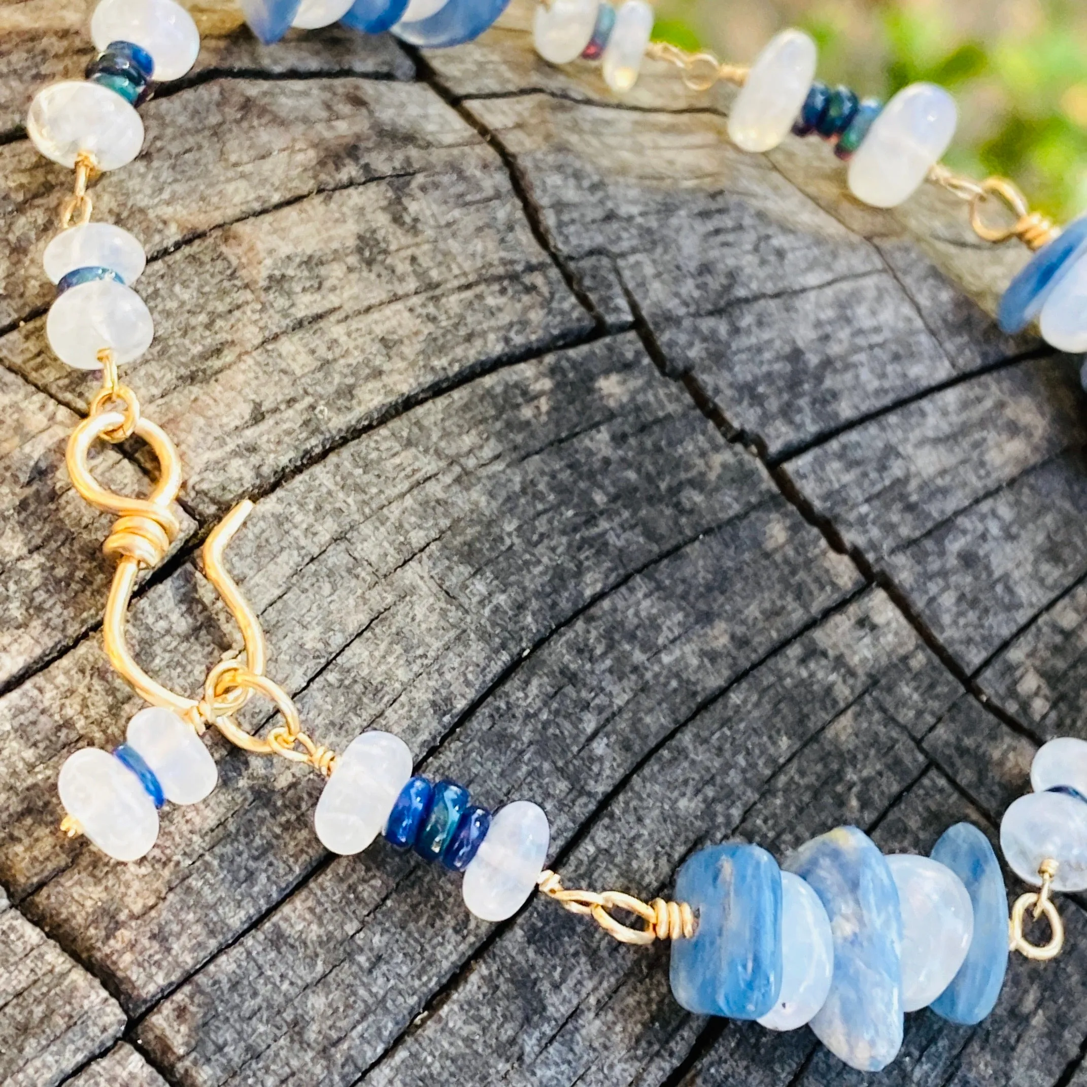 Sister Rainbow Moonstone, Black Welo Opal & Kyanite Wire-Wrapped Stacking Bracelet
