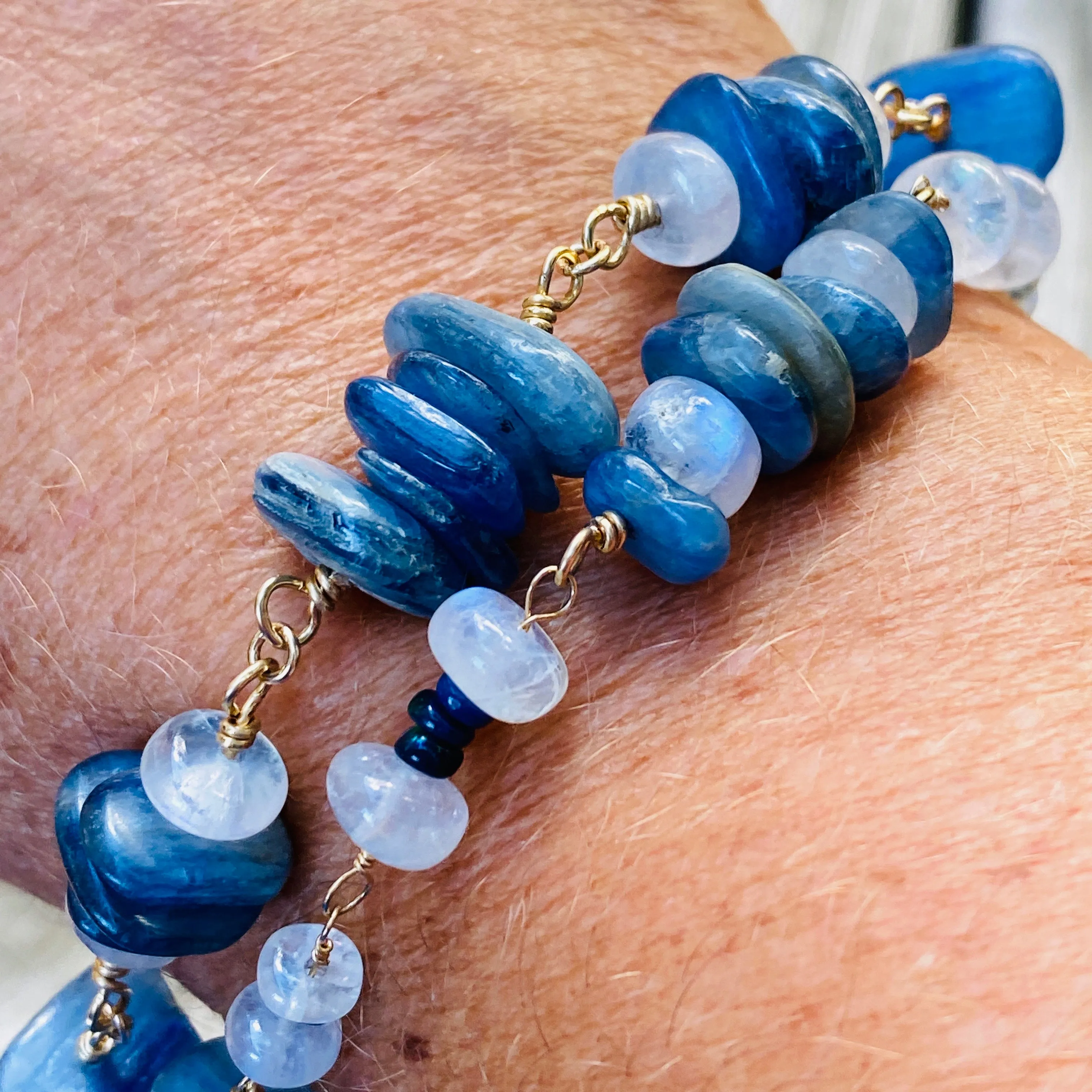 Sister Rainbow Moonstone, Black Welo Opal & Kyanite Wire-Wrapped Stacking Bracelet