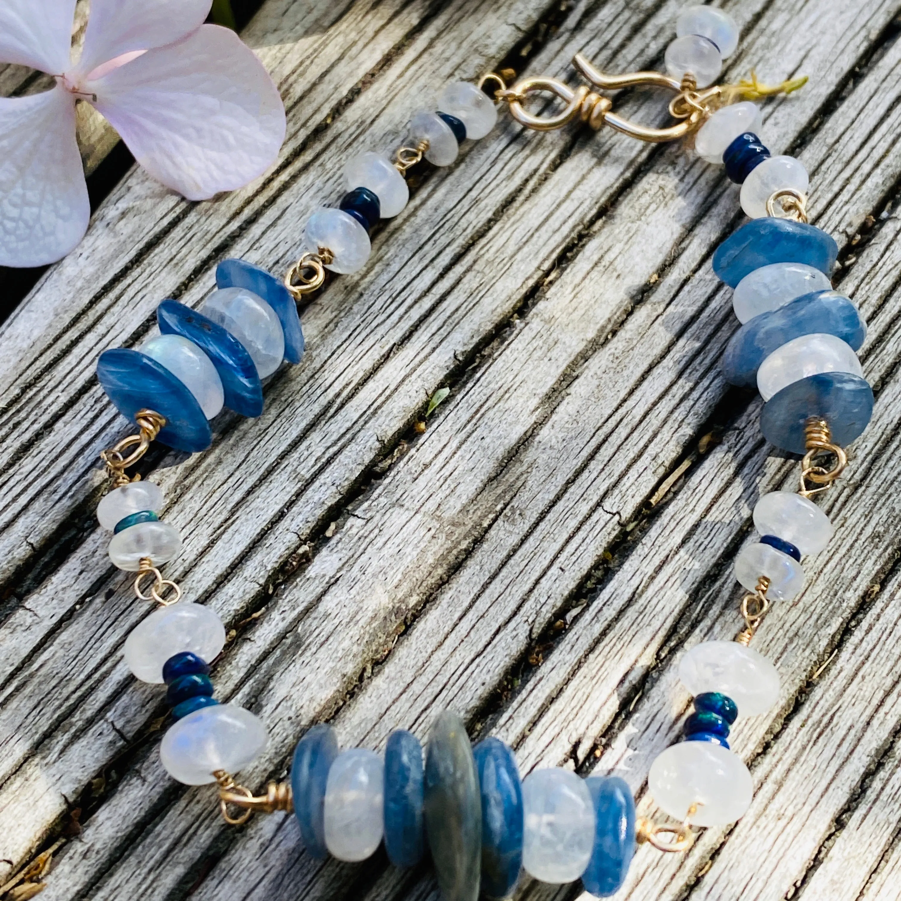 Sister Rainbow Moonstone, Black Welo Opal & Kyanite Wire-Wrapped Stacking Bracelet