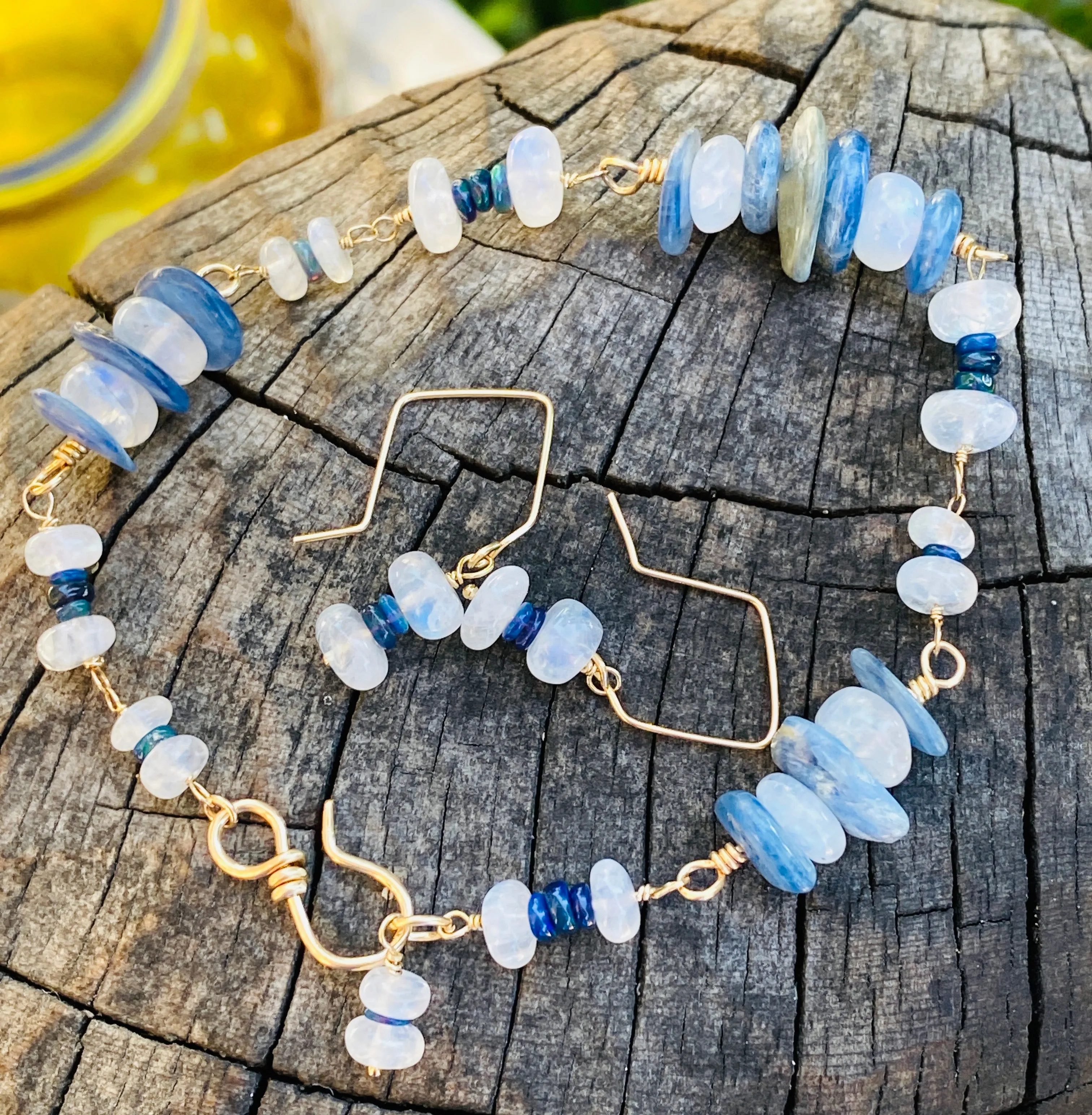 Sister Rainbow Moonstone, Black Welo Opal & Kyanite Wire-Wrapped Stacking Bracelet